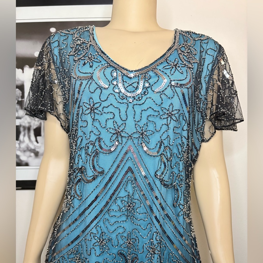Teal & Black Sequin Embellished Fringed Flapper Gatsby Dress Size 3XL - Picture 2 of 8